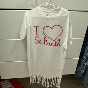 St. Barth’s white tshirt dress with fringe, pink lettering, size 10. Brand new